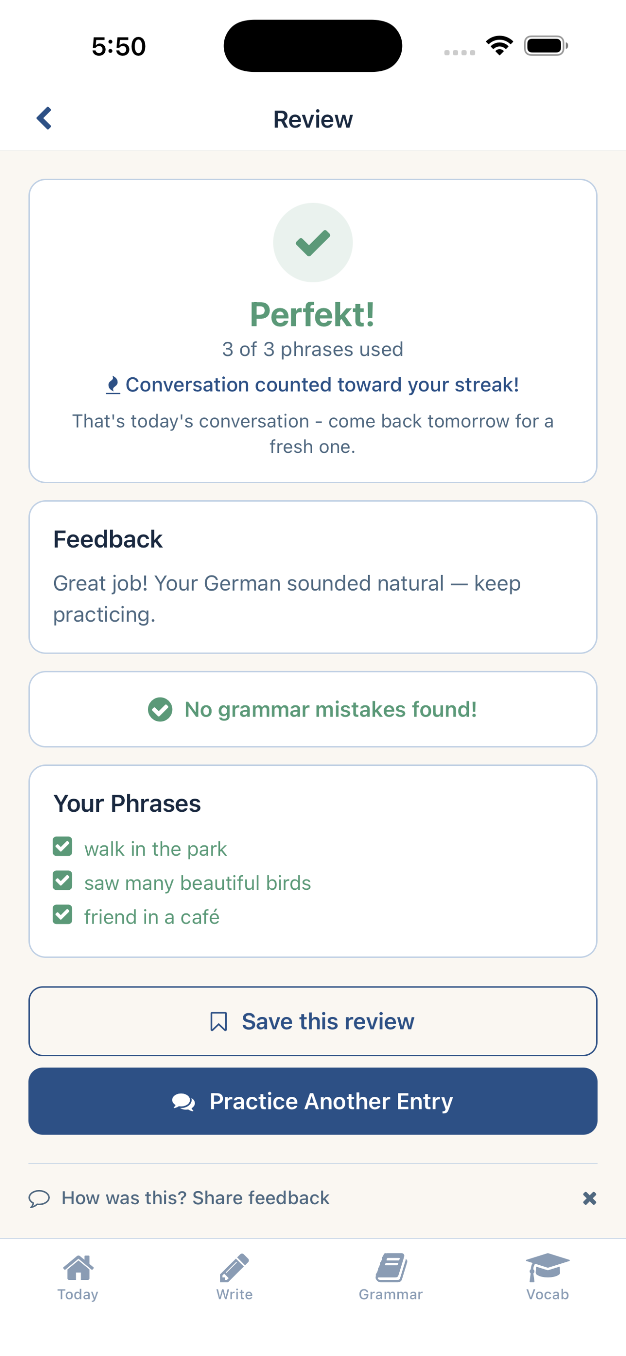 Edelvox conversation review screen