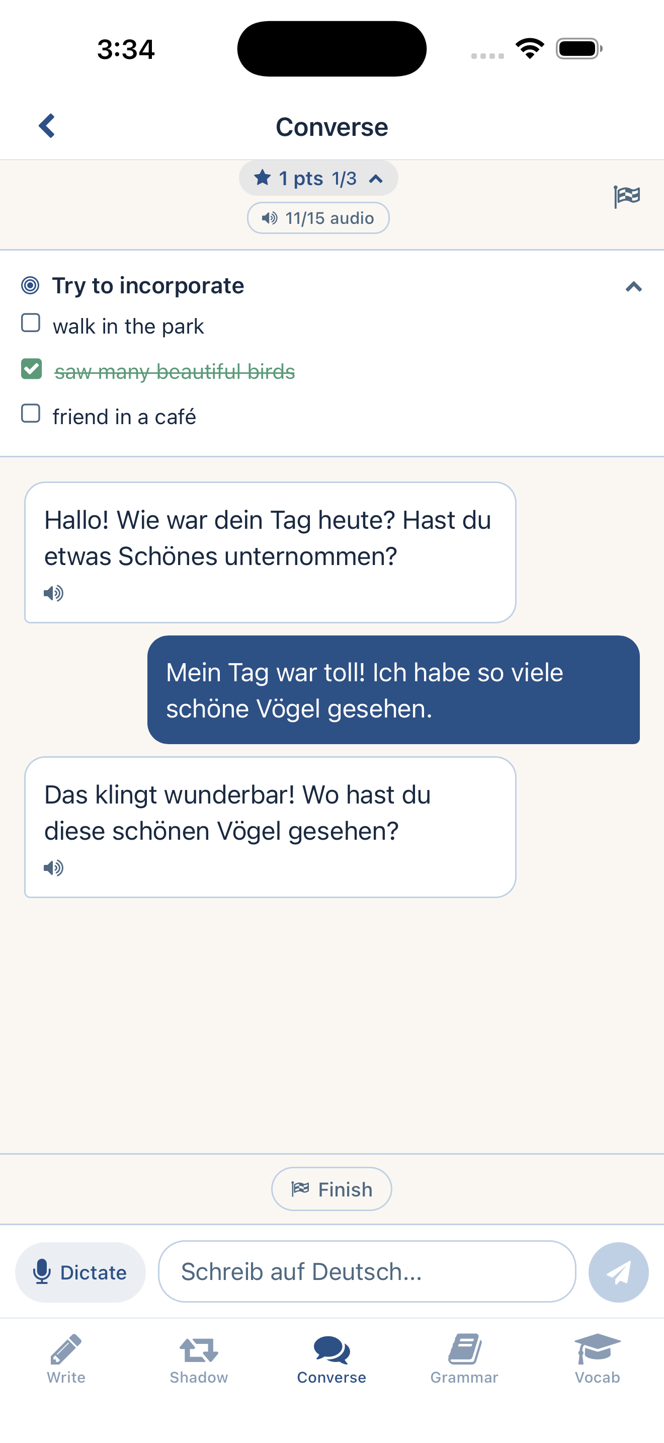 Edelvox Converse screen: an AI German conversation using phrases you shadowed