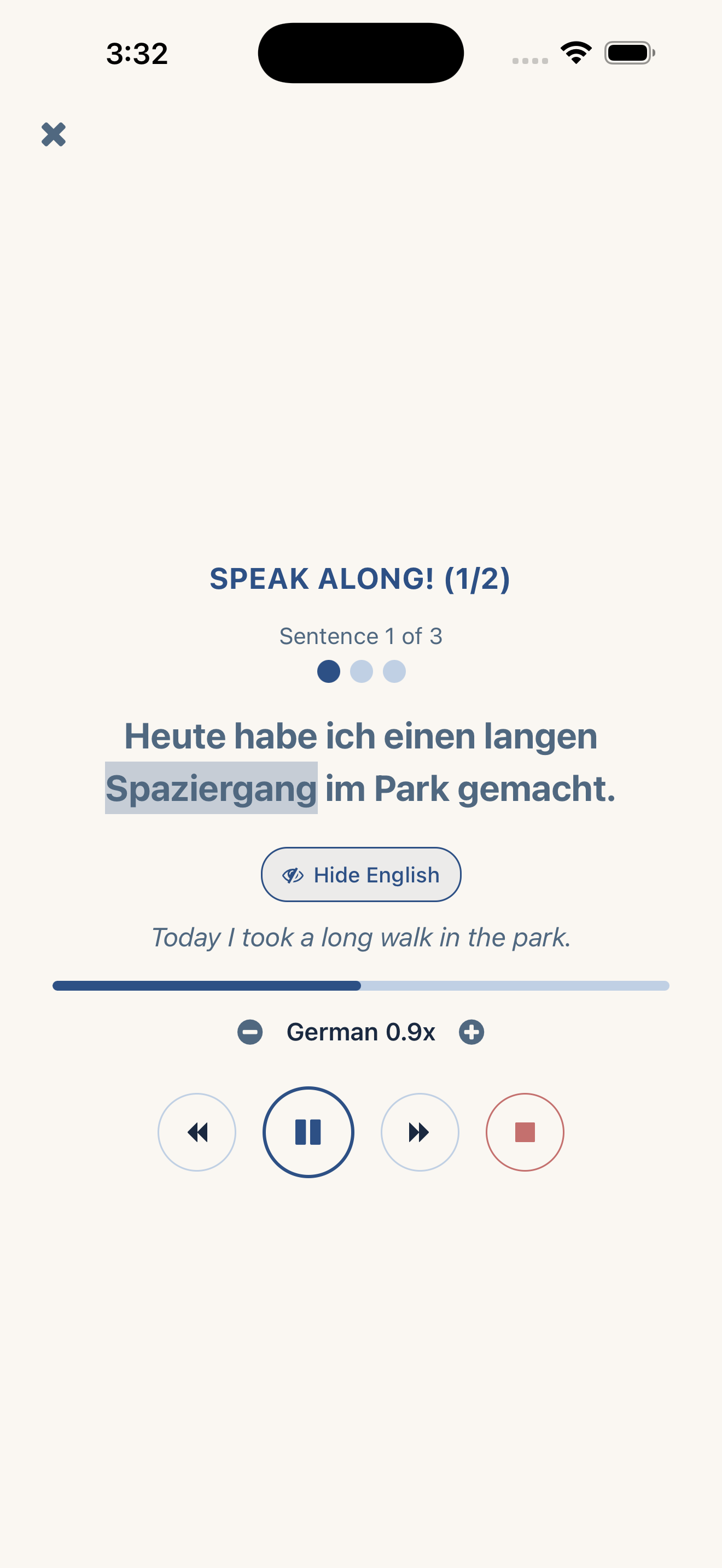 Edelvox Shadow screen: a hands-free German shadowing exercise from a corrected diary entry