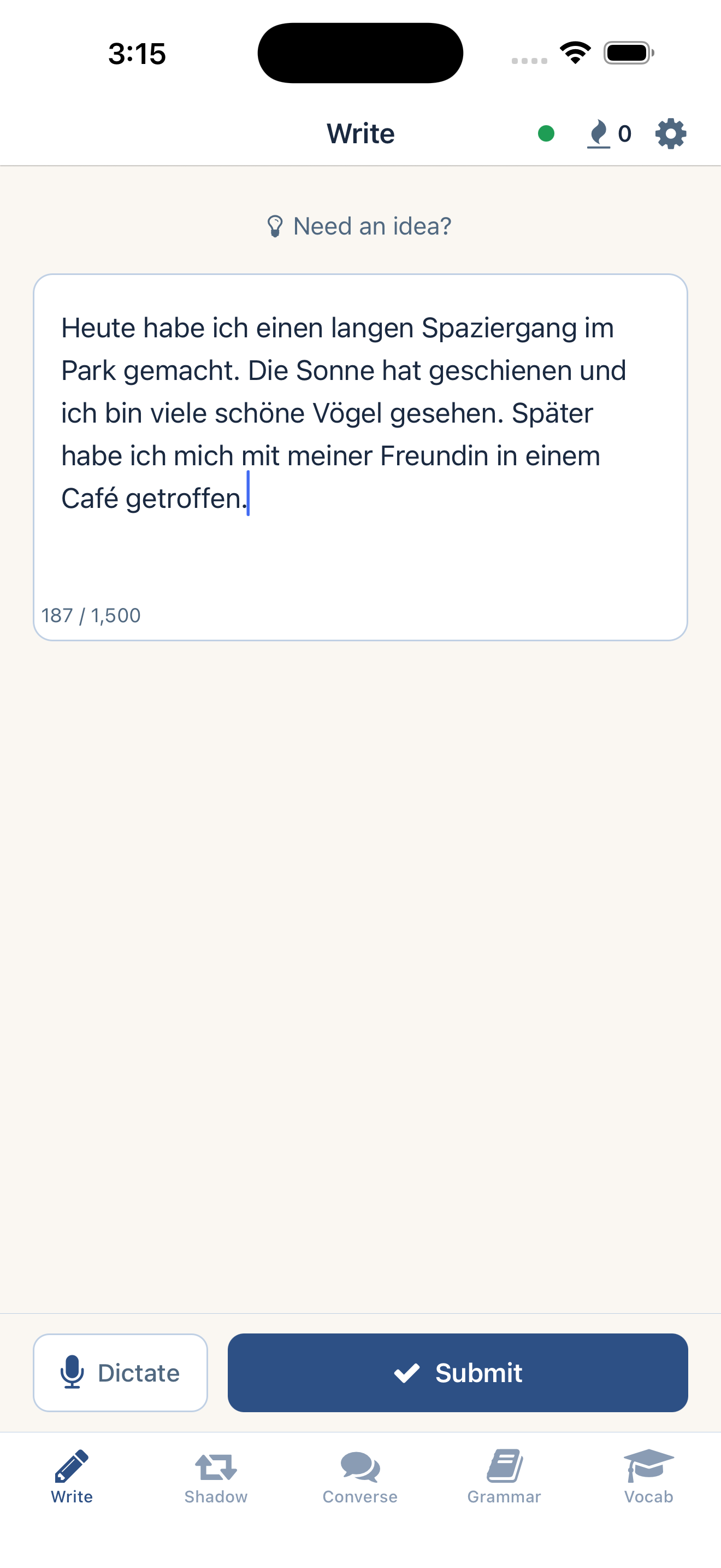 Edelvox Write screen: composing a German diary entry about your day