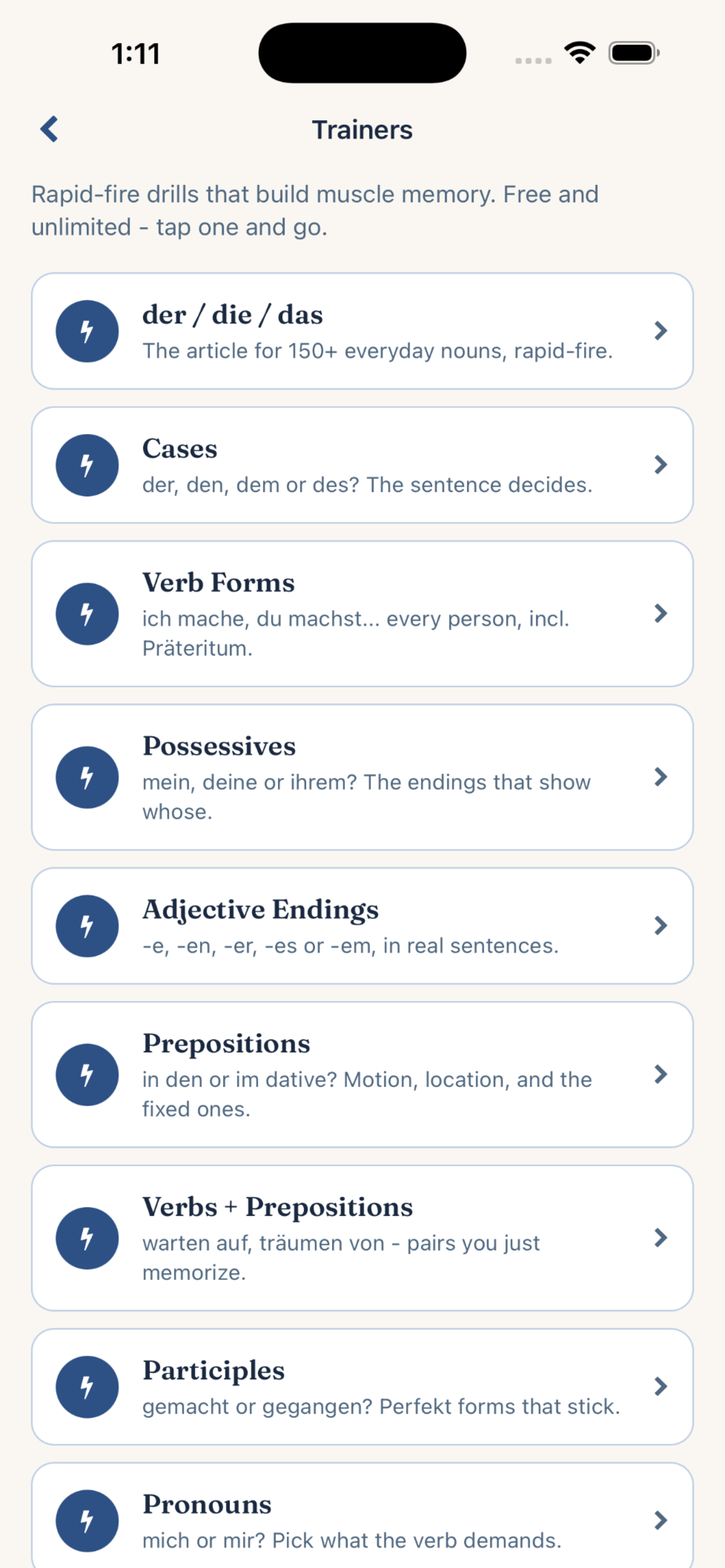 Edelvox grammar trainers hub screen